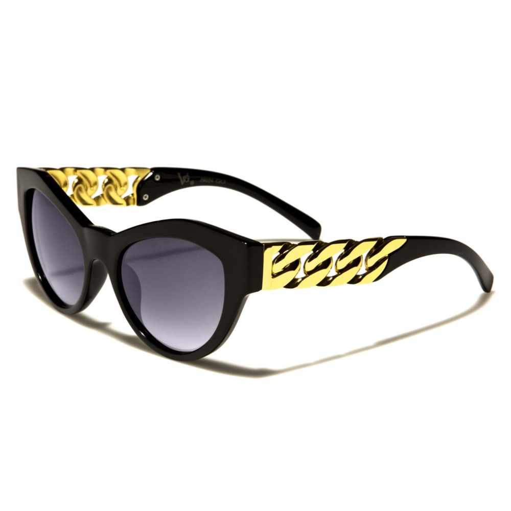 Oversize Cat Eye Chain Temple Sunglasses Black Gold